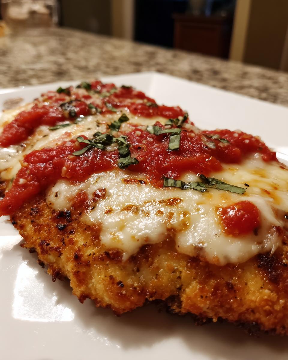 Close-up of a perfectly cooked keto chicken parmesan recipe, topped with melted mozzarella and marinara sauce.