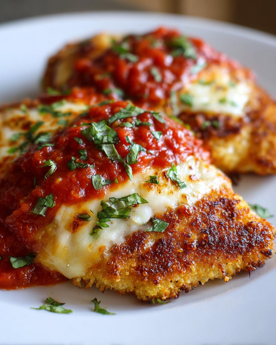 Close-up of crispy keto chicken parmesan topped with melted mozzarella, marinara sauce, and fresh basil.