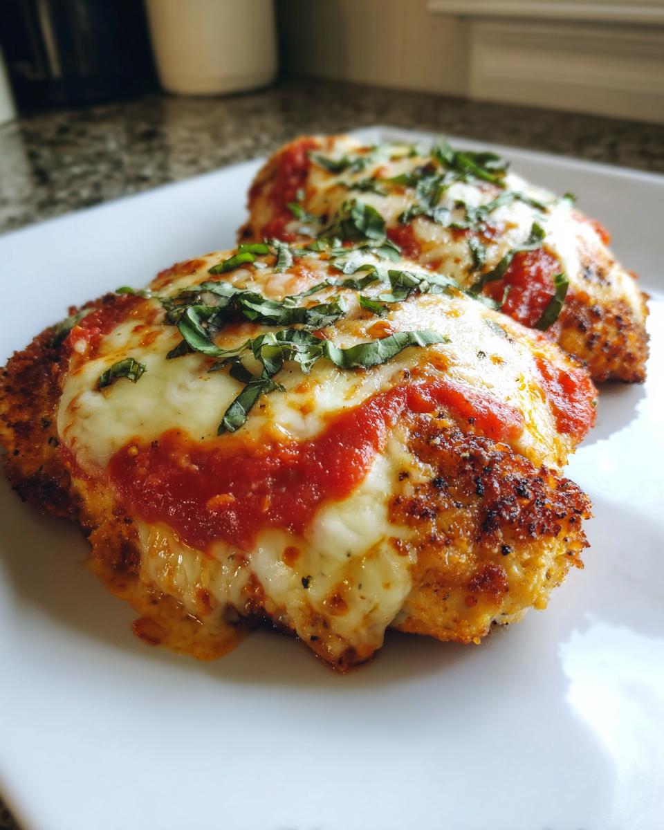 Two golden, breaded chicken cutlets topped with melted mozzarella and marinara sauce for a keto chicken parmesan recipe.