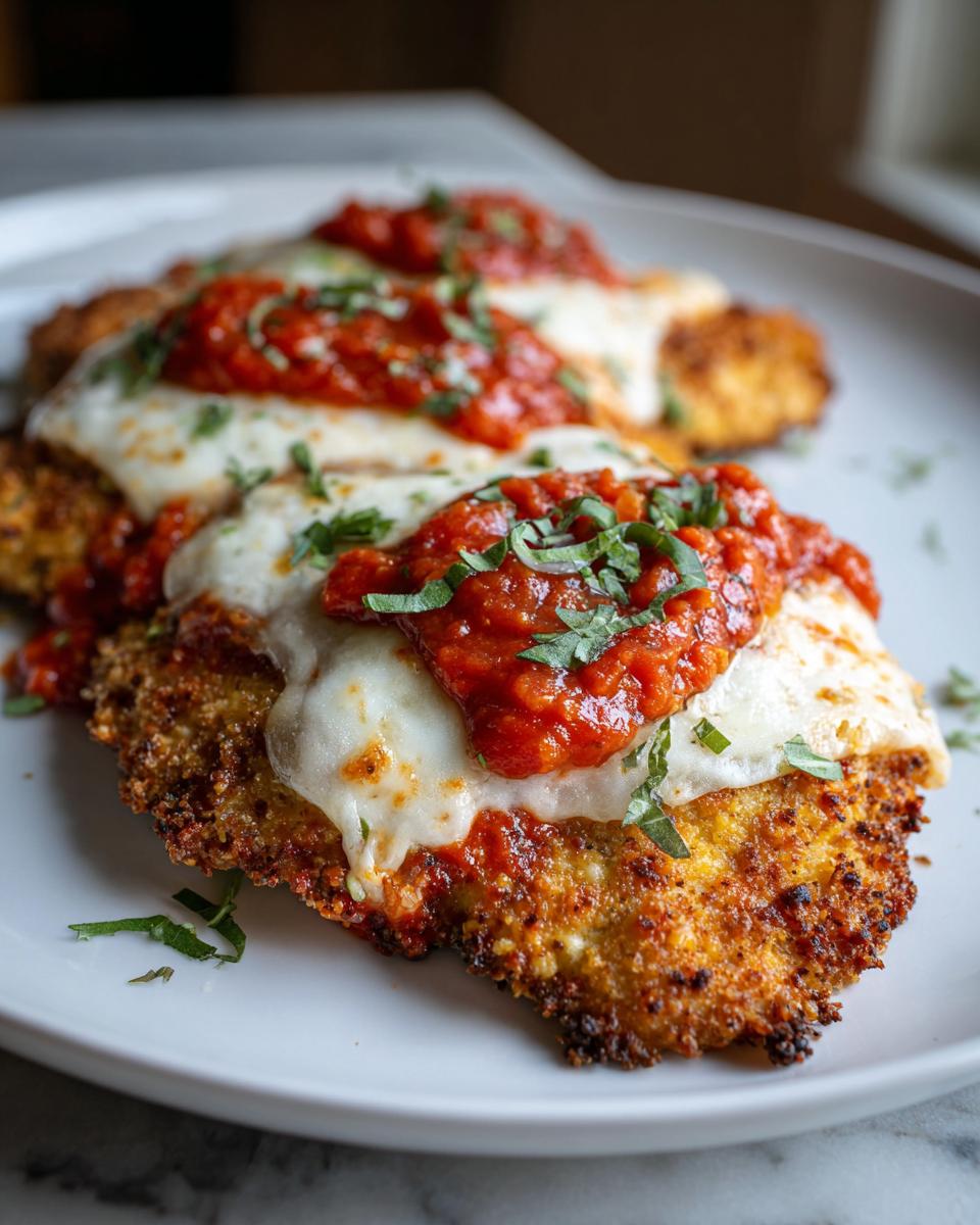 Three golden-brown keto chicken parmesan cutlets topped with melted mozzarella and marinara sauce.