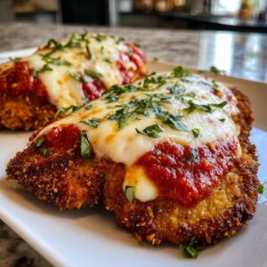 Two pieces of crispy, breaded keto chicken parmesan topped with melted mozzarella and marinara sauce.
