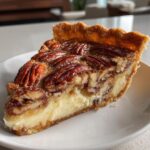 A close-up of a slice of keto pecan cream pie showing the thick, creamy filling and glossy pecan topping.