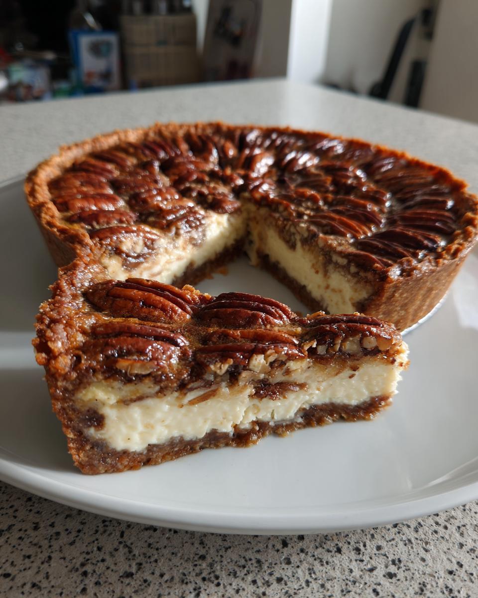 A slice of rich keto pecan cream pie featuring a thick cream cheese layer and pecan topping, next to the whole pie.