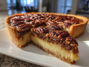 A slice of rich keto pecan cream pie showing the creamy filling and pecan topping, next to the whole pie.