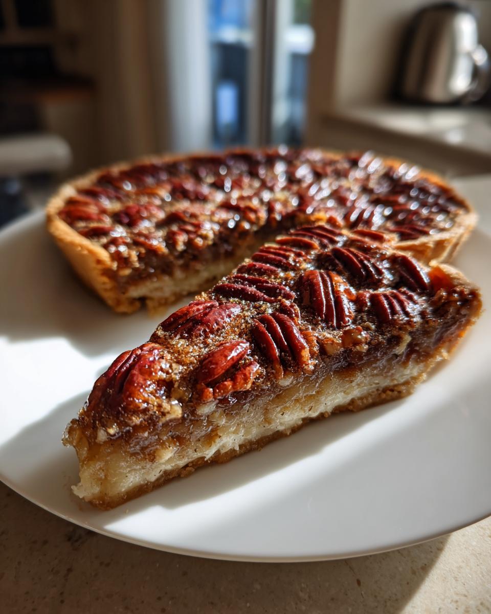 A close-up slice of rich keto pecan cream pie resting on a white plate, with the rest of the pie in the background.