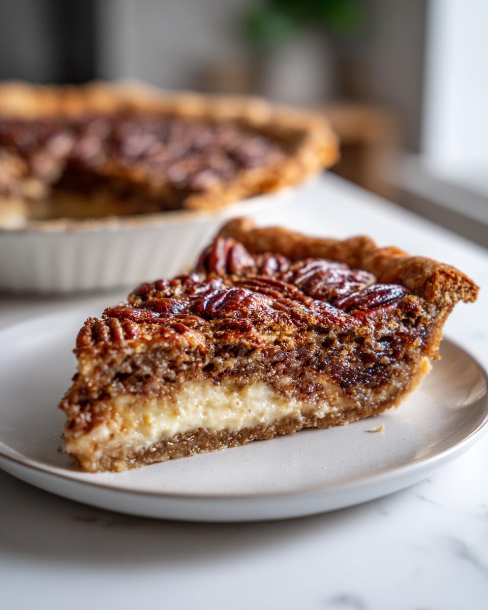 A close-up slice of keto pecan cream pie showing the pecan topping, rich filling, and creamy layer on a white plate.
