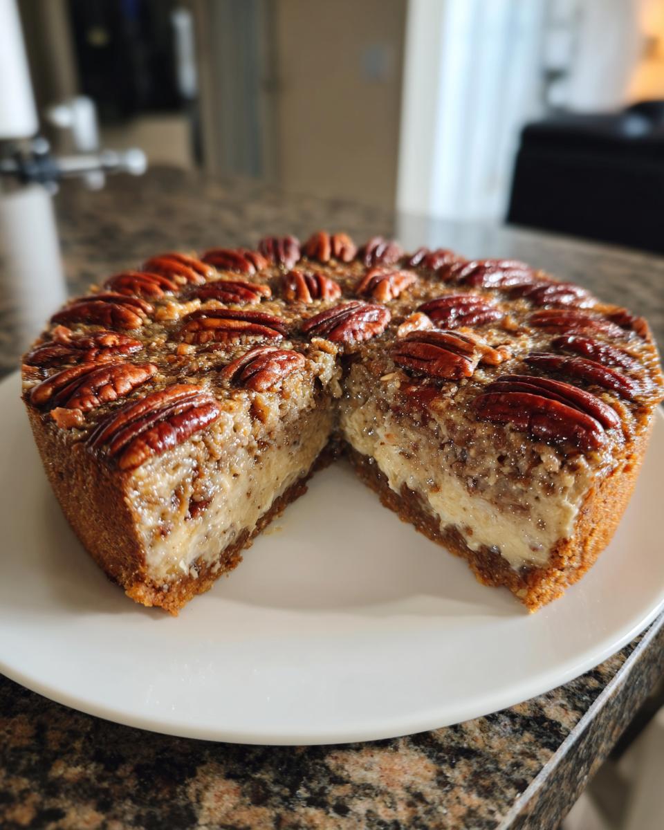 A whole keto pecan cream pie with one slice removed, showing the creamy filling and pecan topping.