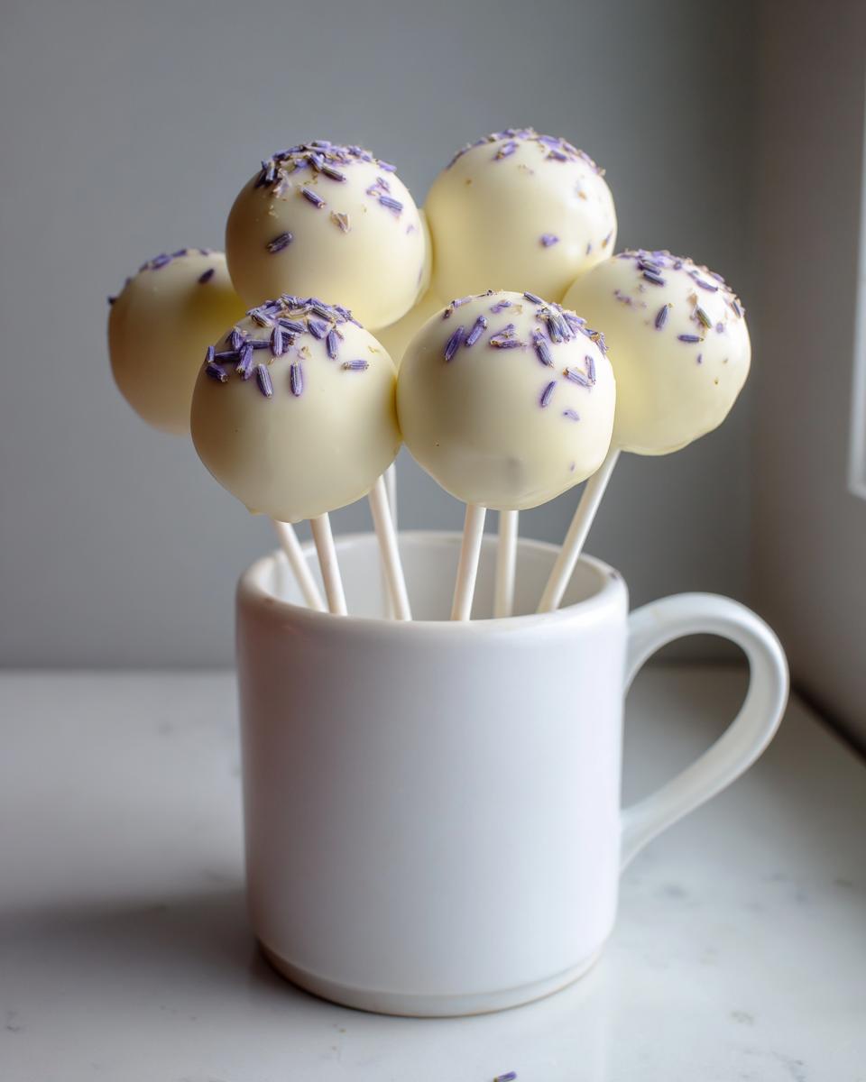 A bouquet of white chocolate lavender cake pops topped with purple sprinkles, displayed in a white mug.