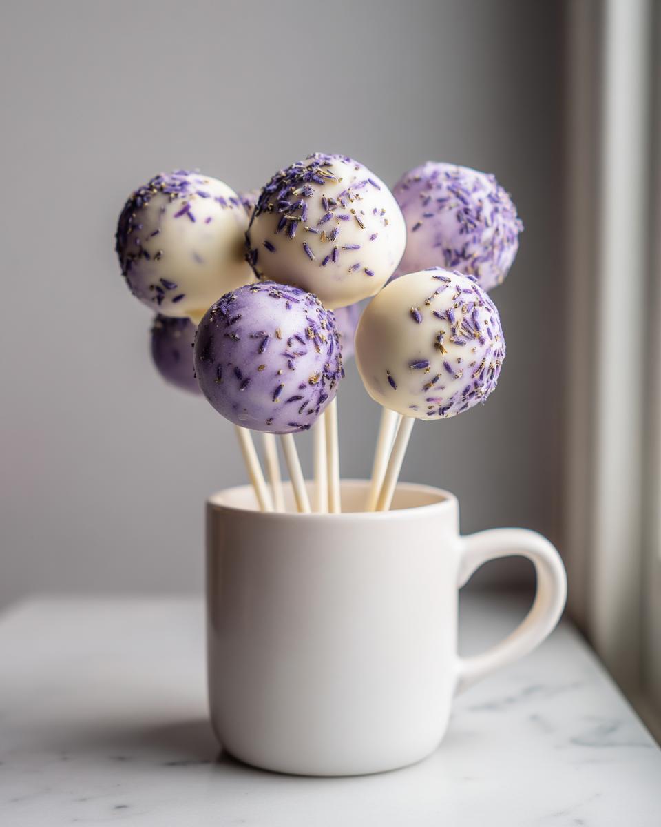 A bouquet of white and lavender lavender cake pops decorated with dried lavender sprinkles, standing in a white mug.