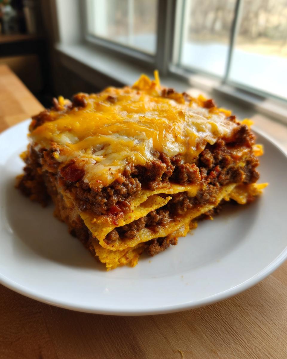 A square portion of layered frito pie casserole, featuring seasoned ground meat and melted cheddar cheese on top, served on a white plate.