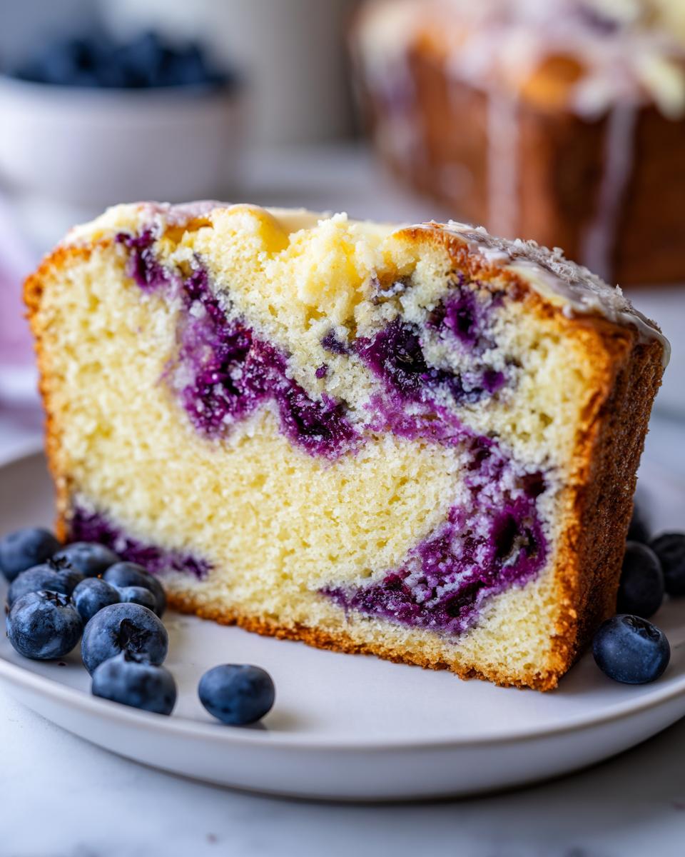 Close-up of a moist slice of lemon blueberry cream cheese bread, showing swirls of purple blueberries and a light glaze.