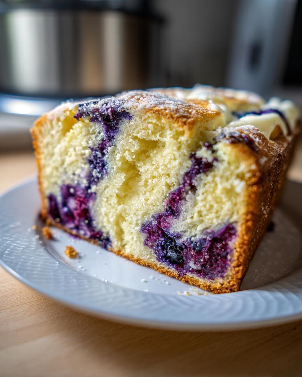 Close-up of a moist slice of lemon blueberry cream cheese bread showing swirls of purple blueberries in the yellow crumb.