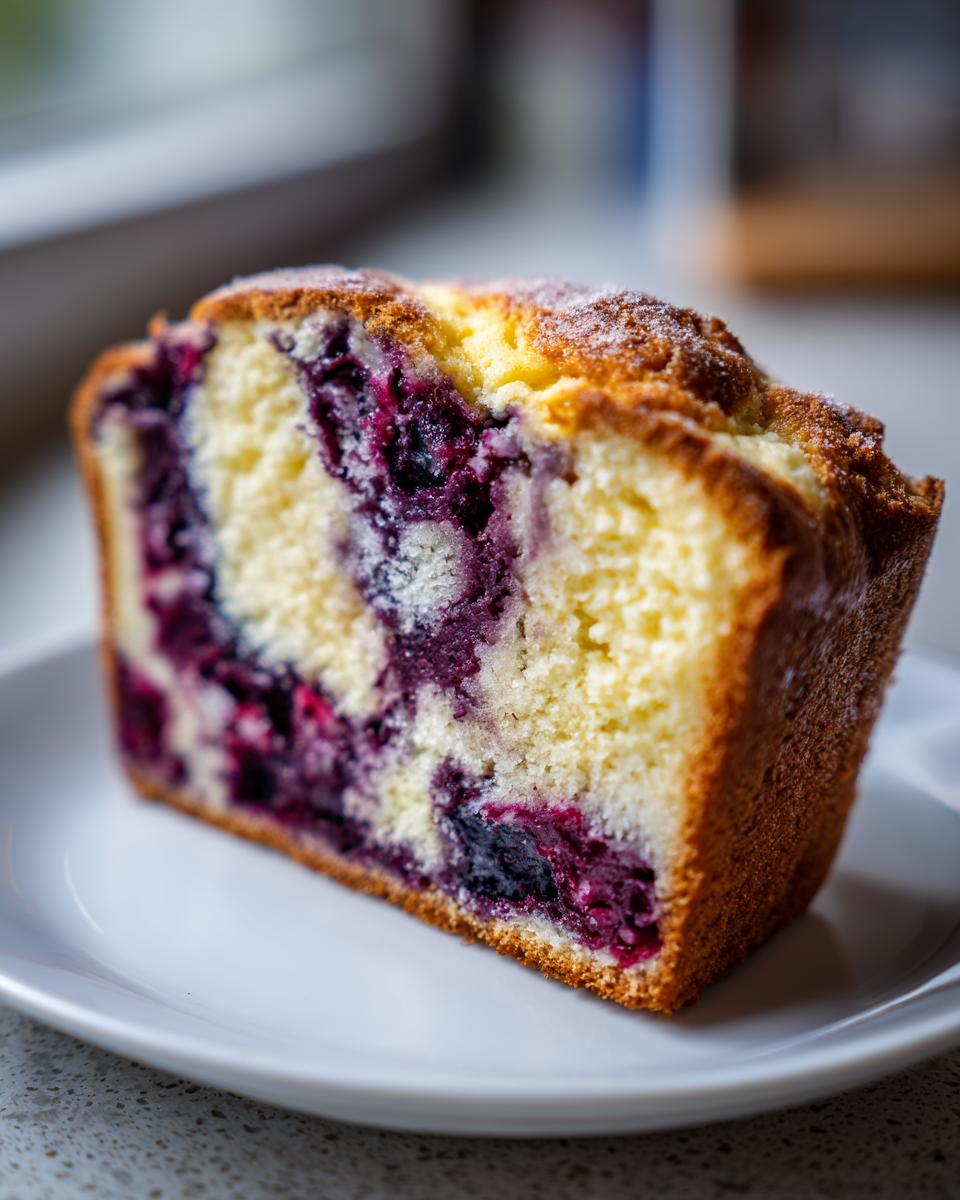 Close-up of a thick slice of lemon blueberry cream cheese bread showing moist crumb and rich purple blueberries.
