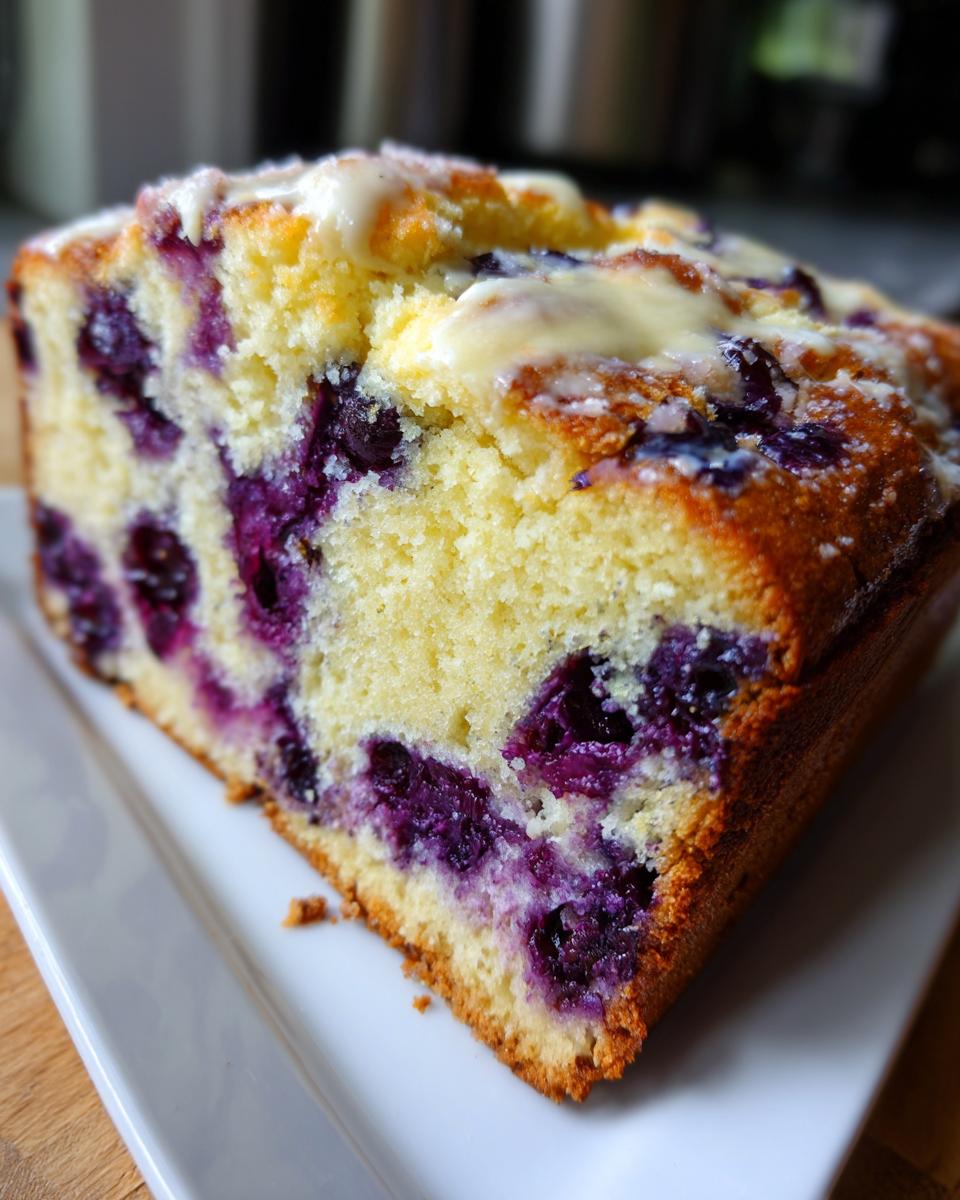 Close-up of a moist slice of lemon blueberry cream cheese bread, studded with purple blueberries and topped with a light glaze.