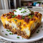 A hearty slice of loaded potato and meatloaf casserole topped with melted cheddar, bacon, sour cream, and chives.