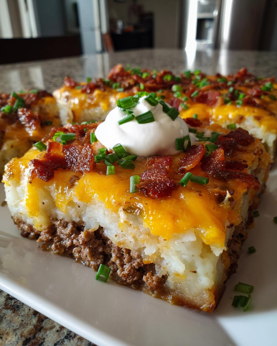 Close-up of a slice of loaded potato and meatloaf casserole topped with melted cheese, bacon, and sour cream.
