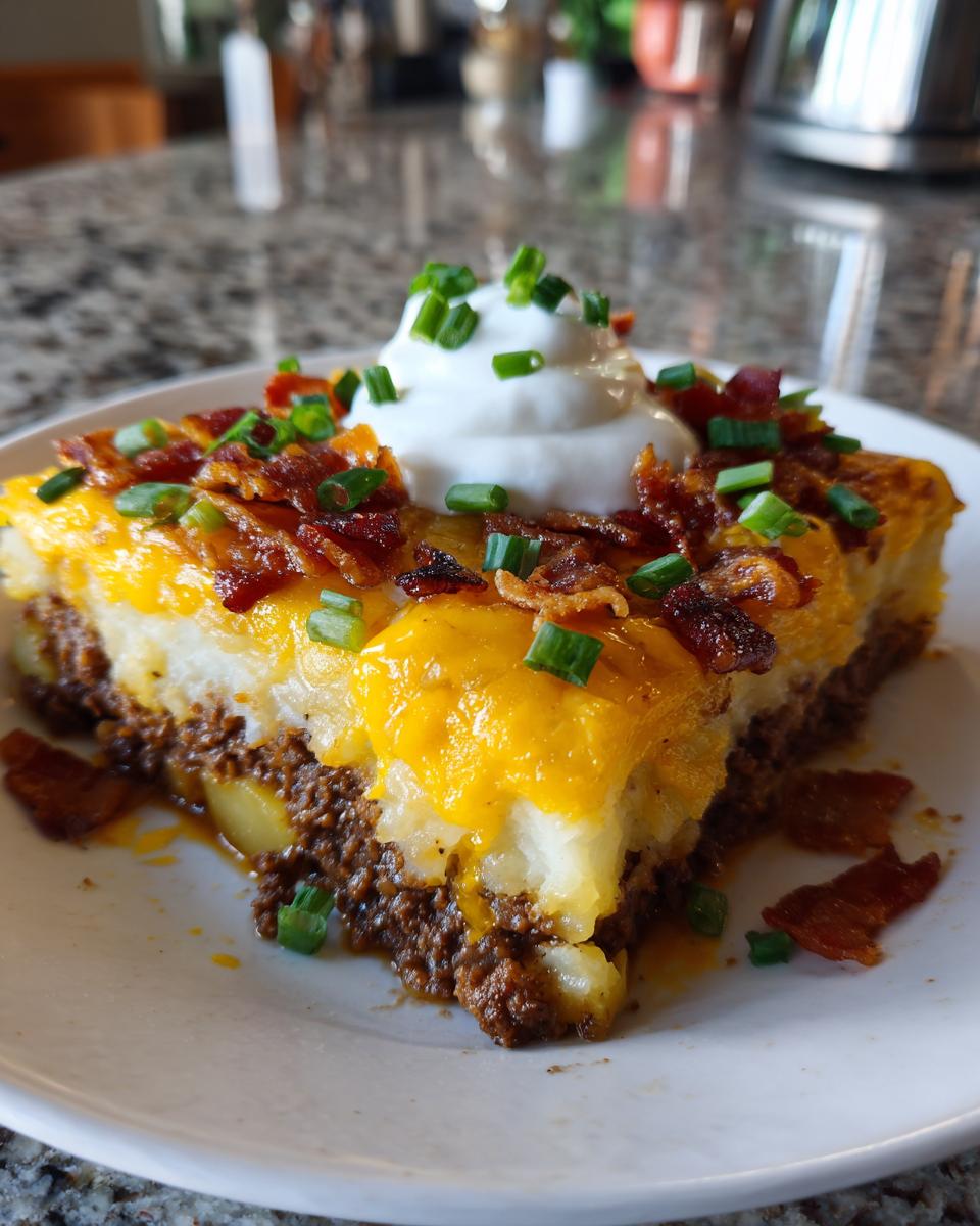 A hearty slice of loaded potato and meatloaf casserole topped with melted cheddar, bacon bits, sour cream, and chives.