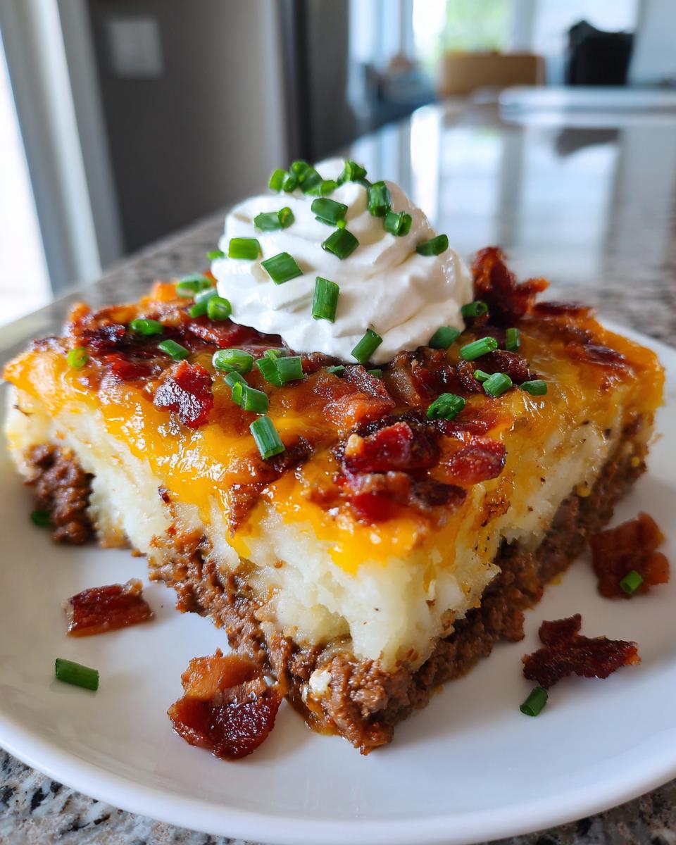 A hearty slice of loaded potato and meatloaf casserole topped with melted cheese, bacon, sour cream, and chives.