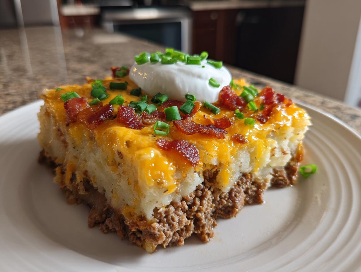 A hearty slice of loaded potato and meatloaf casserole topped with melted cheddar, bacon, sour cream, and chives.