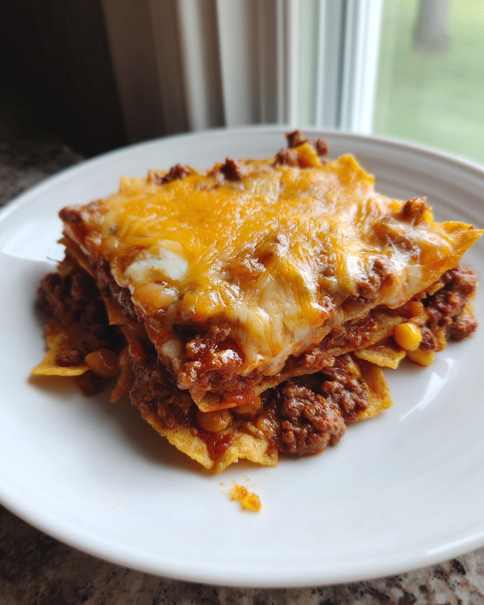 A square serving of layered frito pie featuring ground meat, corn, and melted cheddar cheese, served on a white plate.