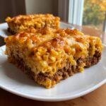 A thick slice of mac and cheese meatloaf casserole showing layers of seasoned ground meat and cheesy pasta.