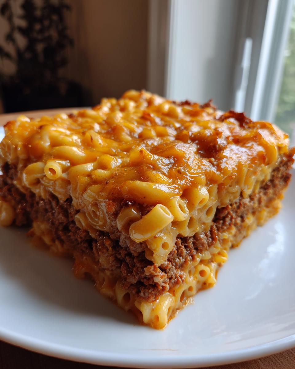 A close-up slice of rich mac and cheese meatloaf casserole showing layers of seasoned ground meat and cheesy macaroni.