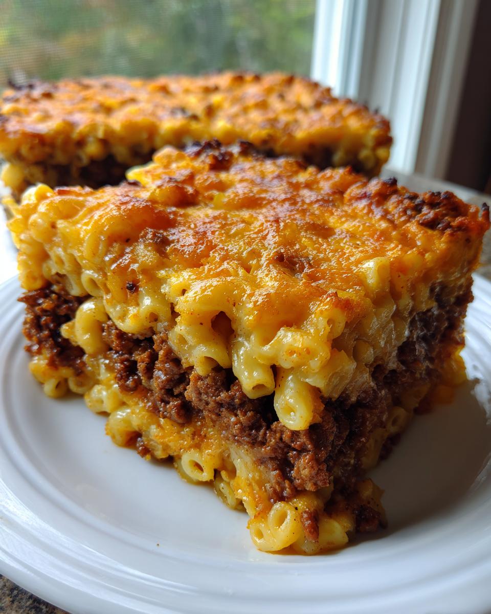 A thick slice of baked mac and cheese meatloaf casserole showing layers of pasta and seasoned ground meat.