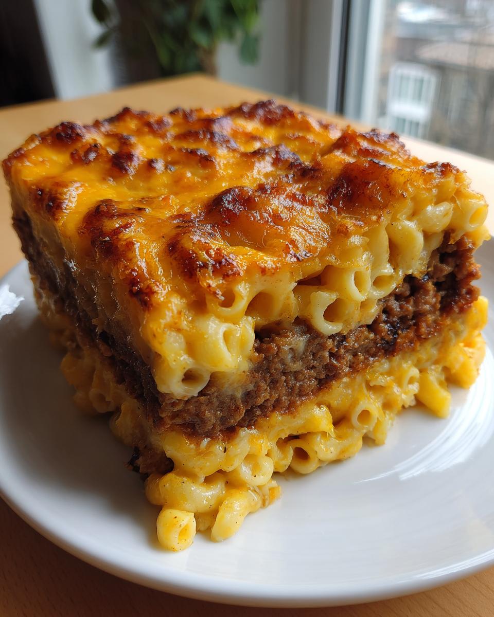 A thick slice of mac and cheese meatloaf casserole showing layers of macaroni and a meatloaf center, topped with baked, browned cheese.