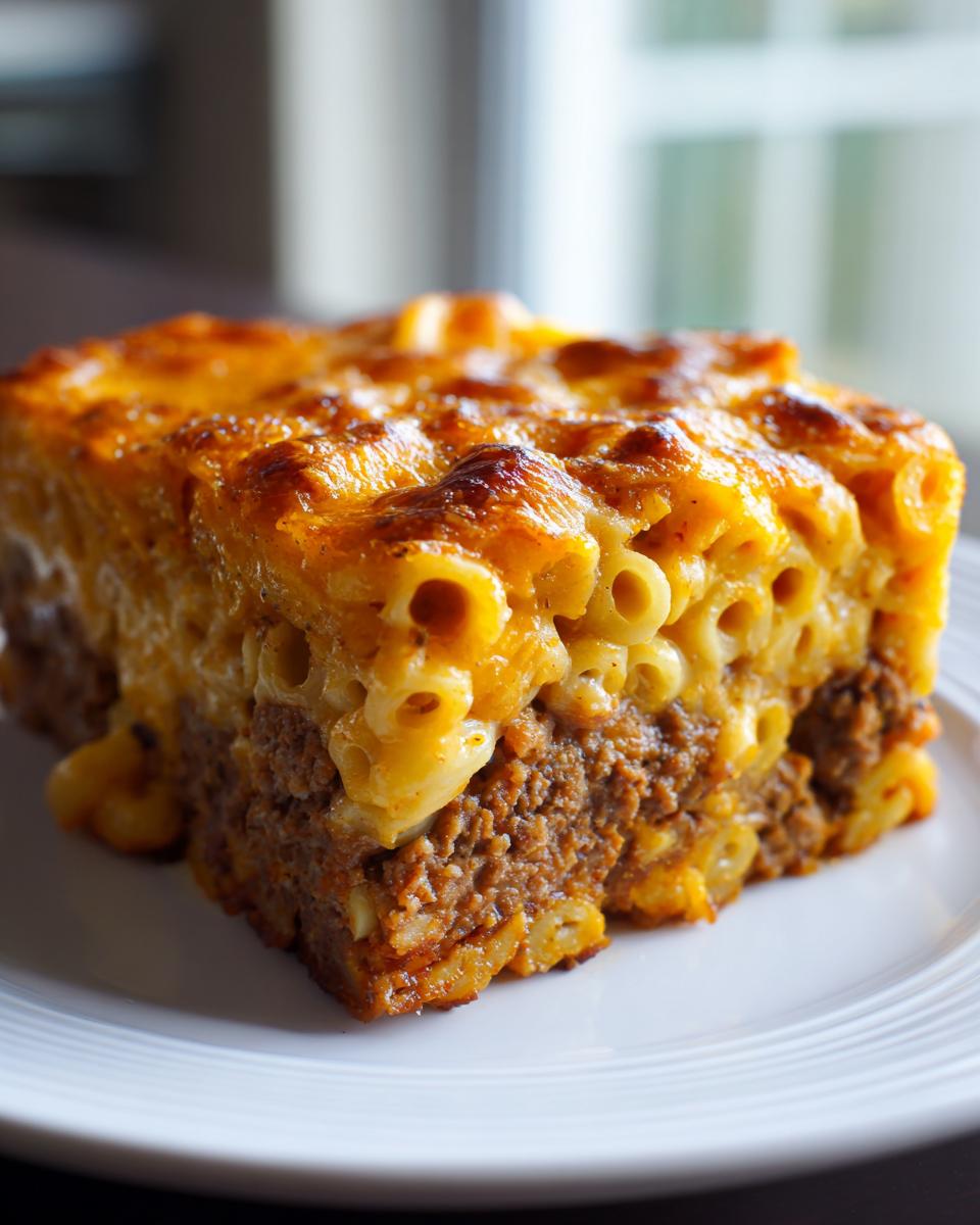 A thick, square slice of mac and cheese meatloaf casserole showing a meat layer topped with baked, golden macaroni and cheese.