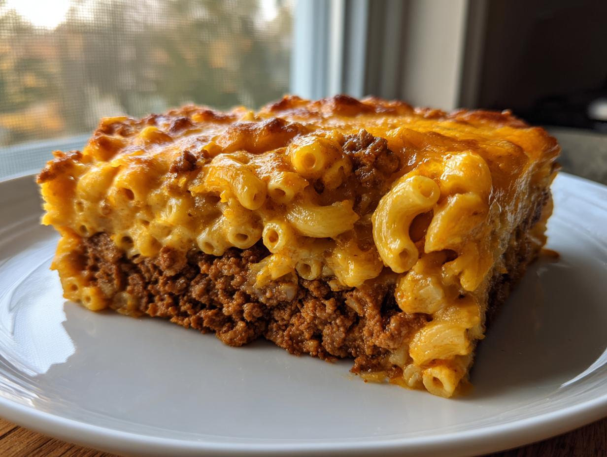 A hearty slice of mac and cheese meatloaf casserole featuring a layer of seasoned ground meat topped with creamy macaroni and baked cheese.