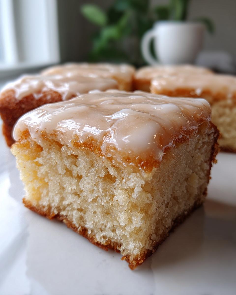 Close-up of a soft, square maple donut bar topped with a thick, shiny maple glaze.