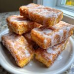 A stack of golden brown maple donut bars fried, drizzled generously with white maple glaze.