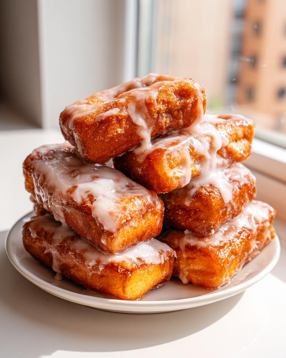 A stack of golden brown maple donut bars fried, generously drizzled with white maple glaze.