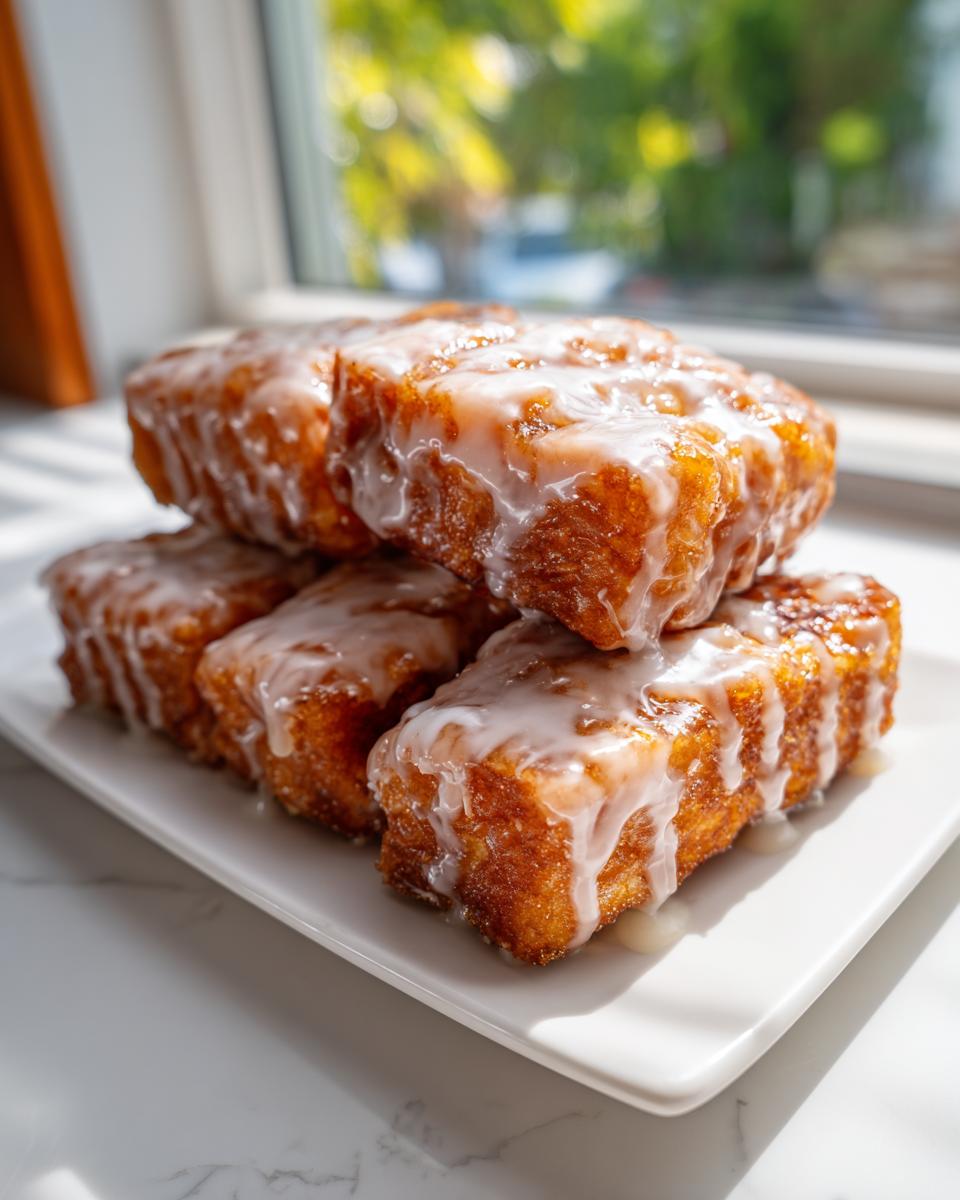 A stack of golden brown maple donut bars fried and drizzled with thick white glaze.