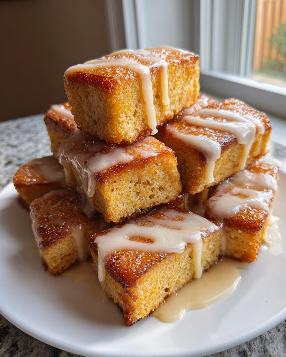 A stack of golden brown maple donut bars fried, drizzled generously with white maple glaze.