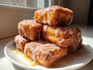 A stack of golden brown maple donut bars fried, generously drizzled with white maple glaze, sitting on a white plate.