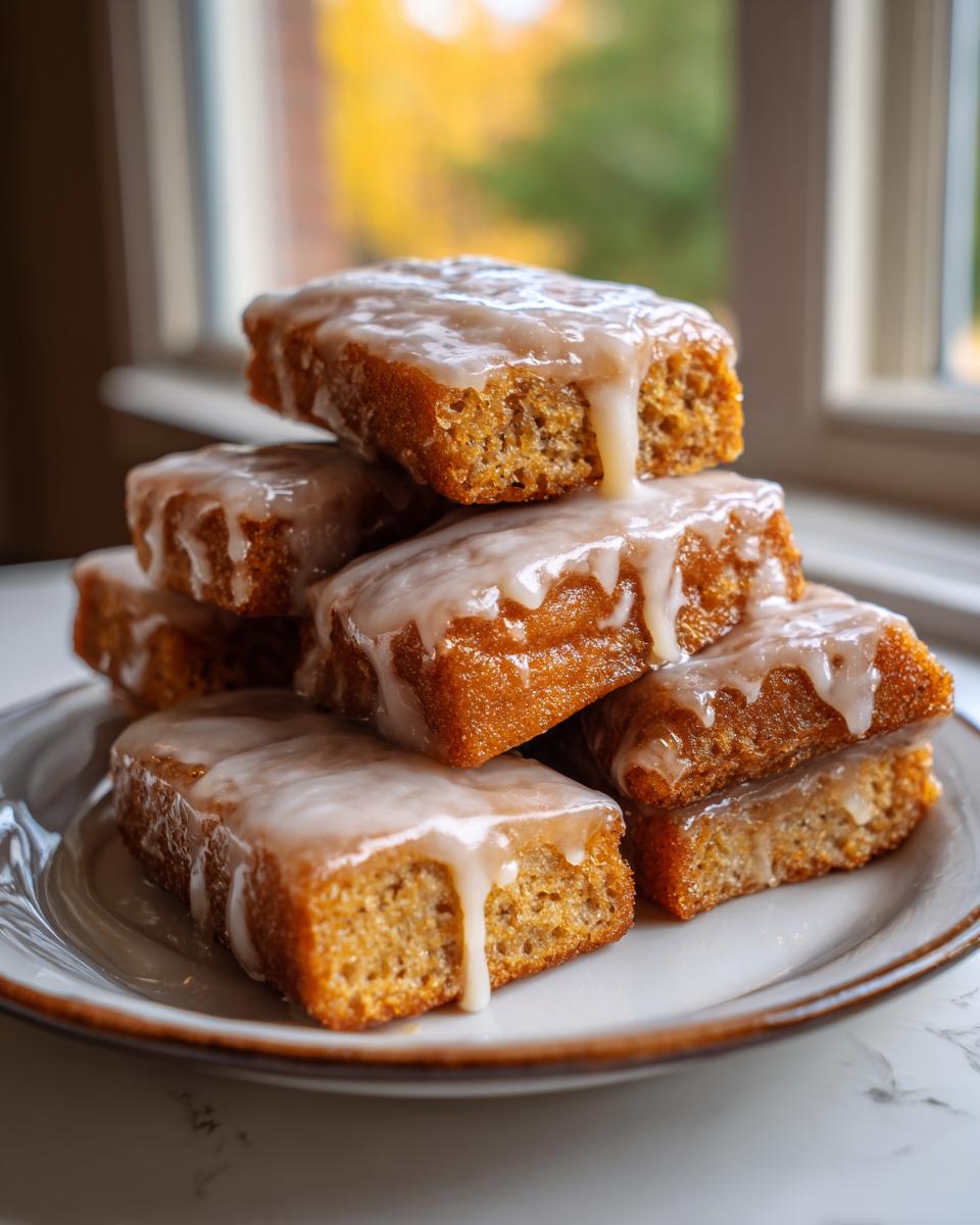 A stack of golden brown maple donut bars fried, generously topped with a dripping white maple glaze.
