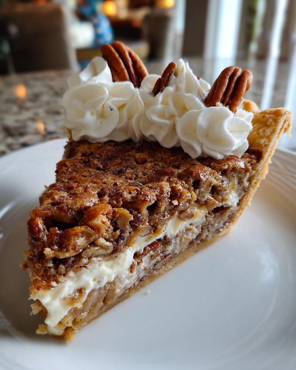 A decadent slice of maple pecan cream pie featuring a pecan topping, cream cheese layer, and whipped cream rosettes.