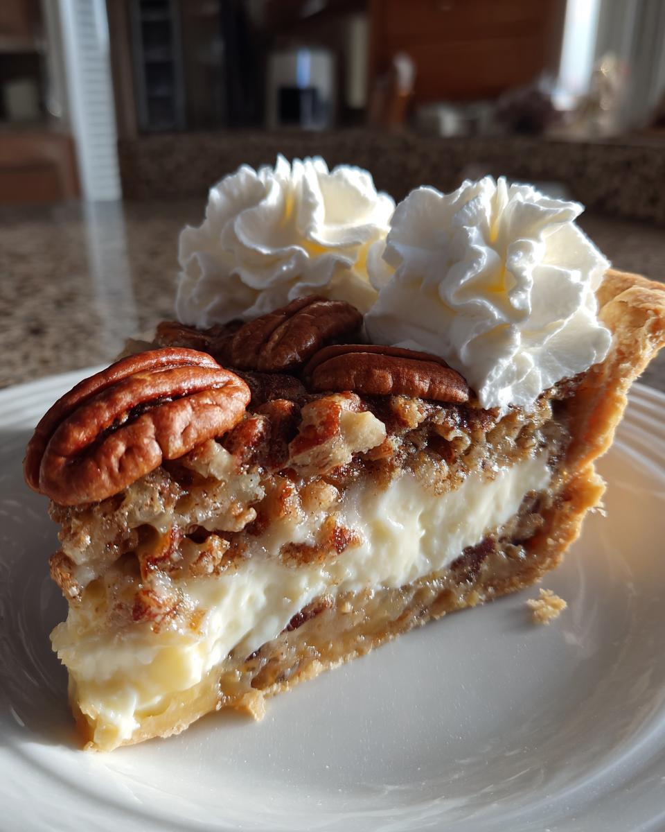 A decadent slice of maple pecan cream pie featuring a thick cream layer, pecan topping, and whipped cream dollops.