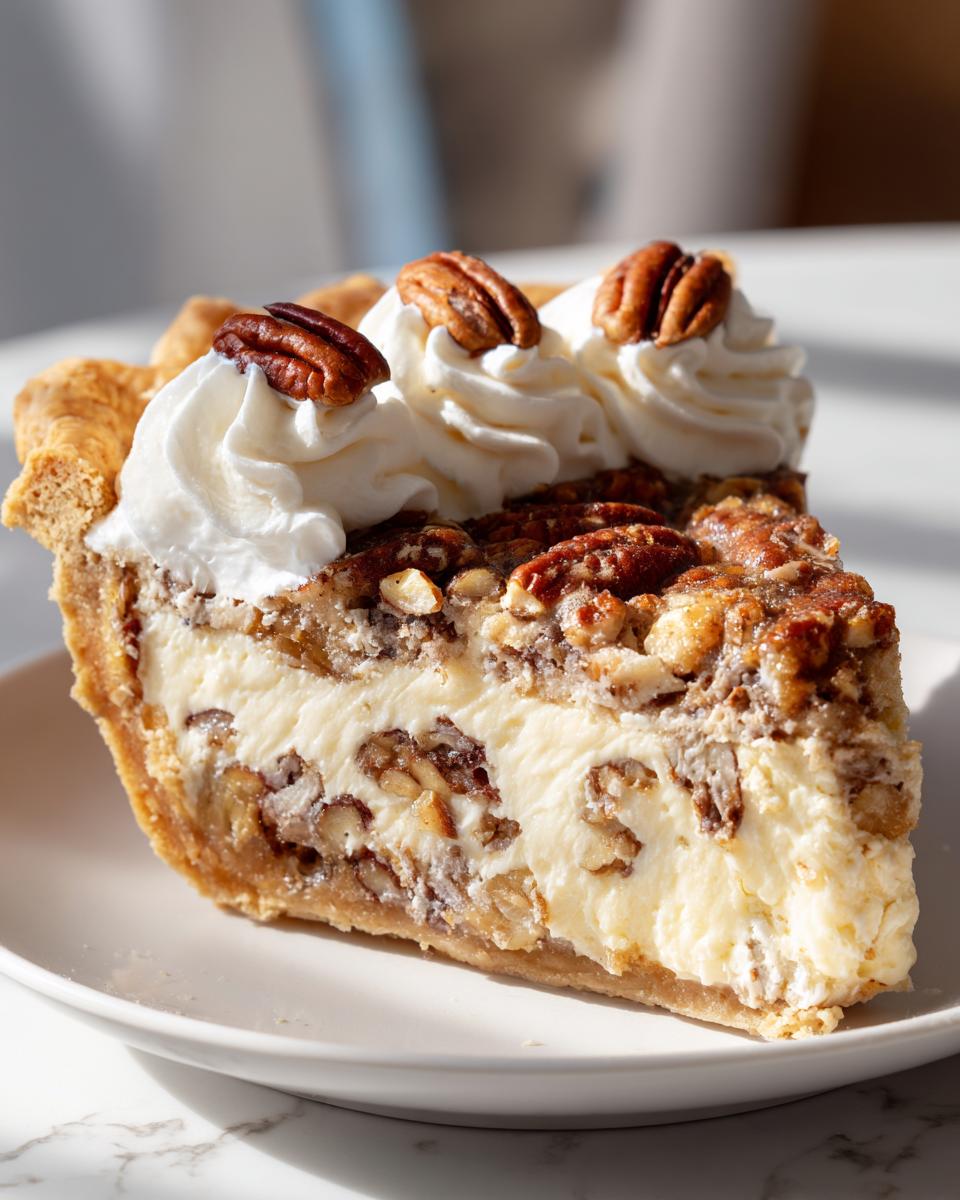 A decadent slice of maple pecan cream pie featuring a creamy filling, pecan topping, and whipped cream dollops.