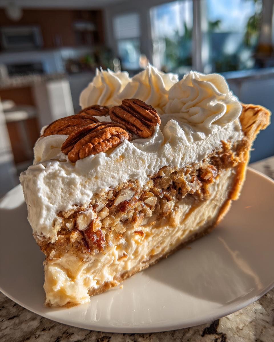 A decadent slice of maple pecan cream pie topped with whipped cream and whole pecans.