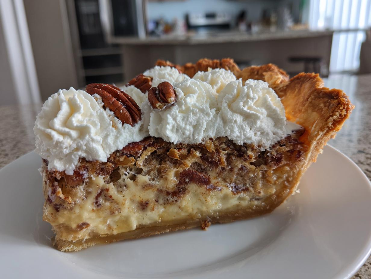A close-up of a slice of maple pecan cream pie topped with whipped cream and whole pecans.
