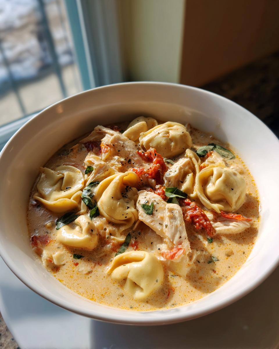 A close-up of a white bowl filled with creamy Marry Me Chicken Tortellini Soup, featuring tortellini, chicken, and sun-dried tomatoes.