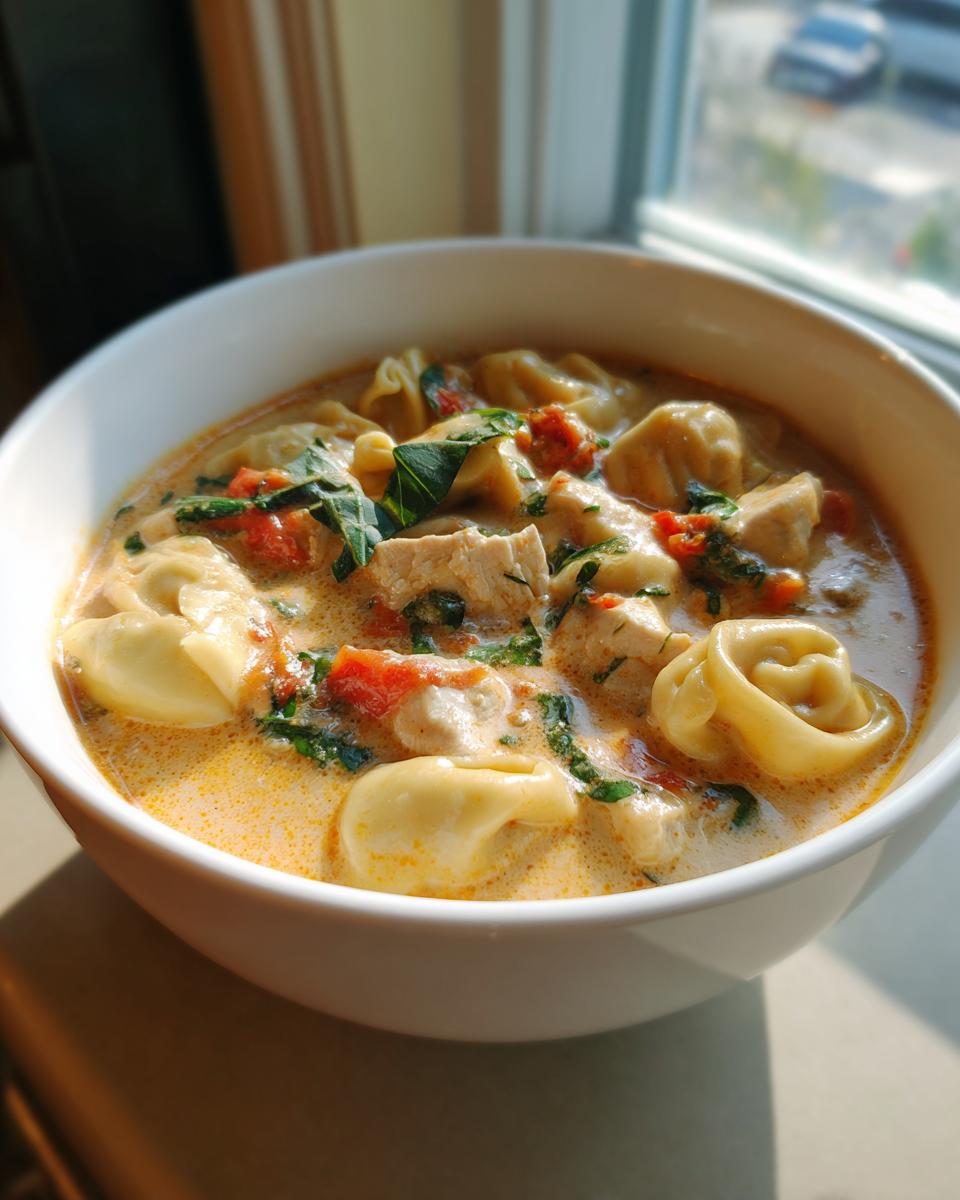 Close-up of a creamy bowl of Marry Me Chicken Tortellini Soup with chunks of chicken, tomatoes, and spinach.
