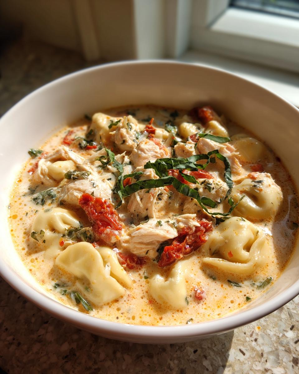 Close-up of a creamy bowl of Marry Me Chicken Tortellini Soup with sun-dried tomatoes and basil.