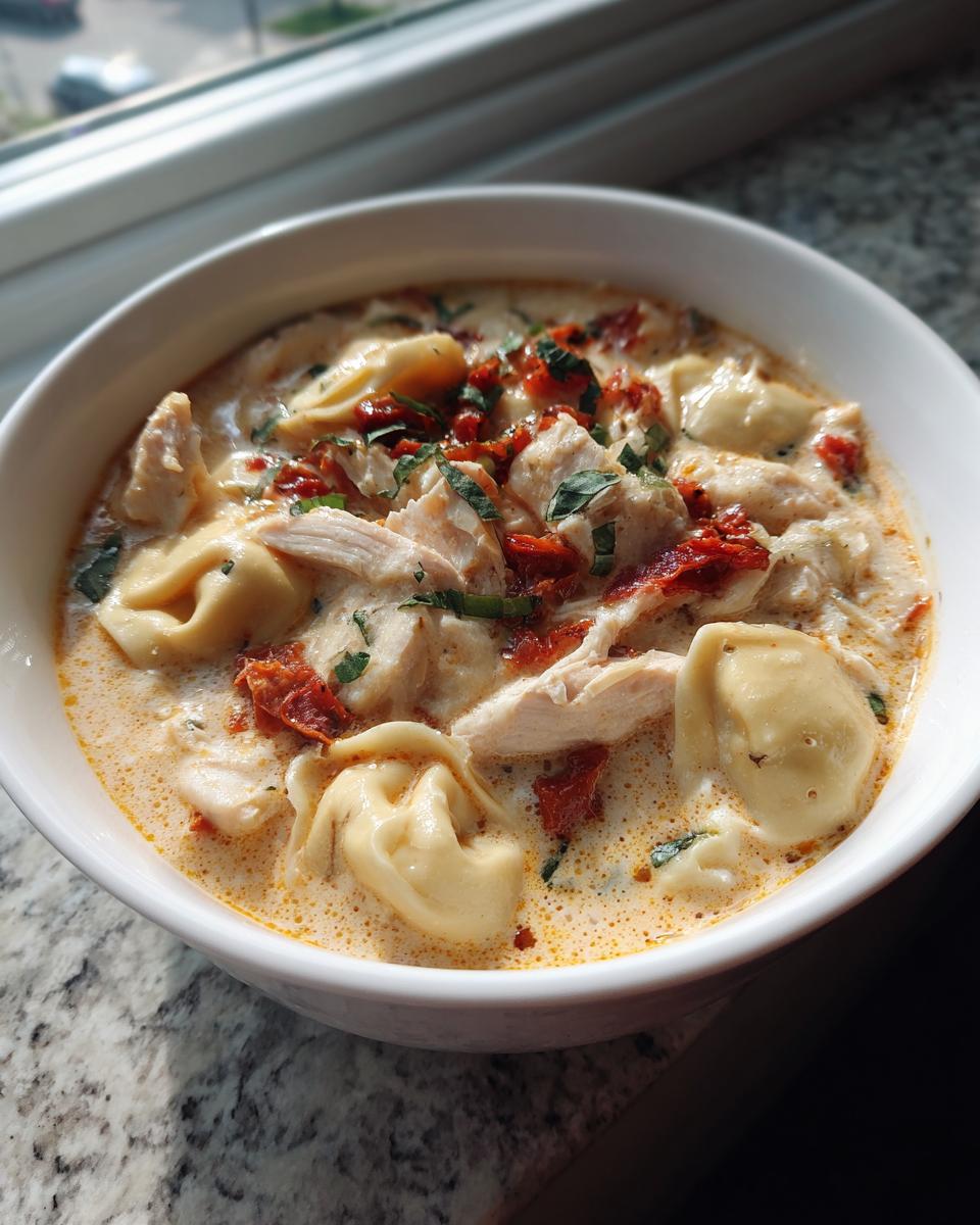 A close-up of a creamy bowl of Marry Me Chicken Tortellini Soup, topped with chicken, sun-dried tomatoes, and herbs.