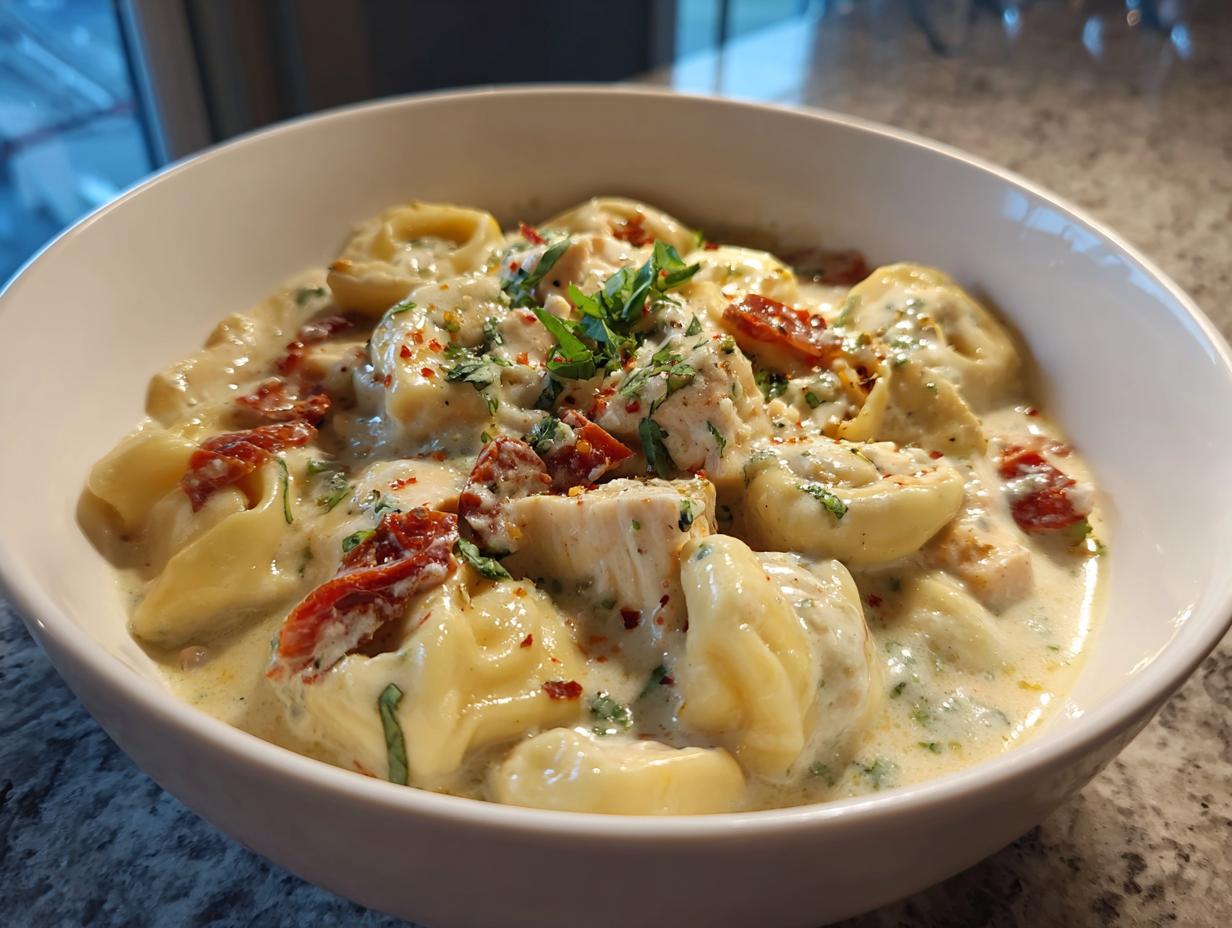 A close-up of Marry Me Chicken Tortellini Soup featuring creamy sauce, tortellini, chicken pieces, and sun-dried tomatoes.