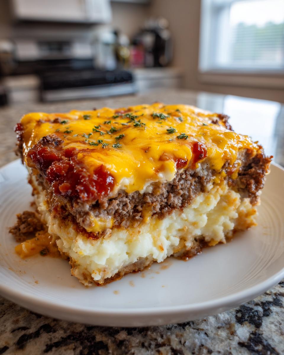 A thick slice of meatloaf casserole with mashed potatoes, meat layer, and melted cheddar cheese topping.