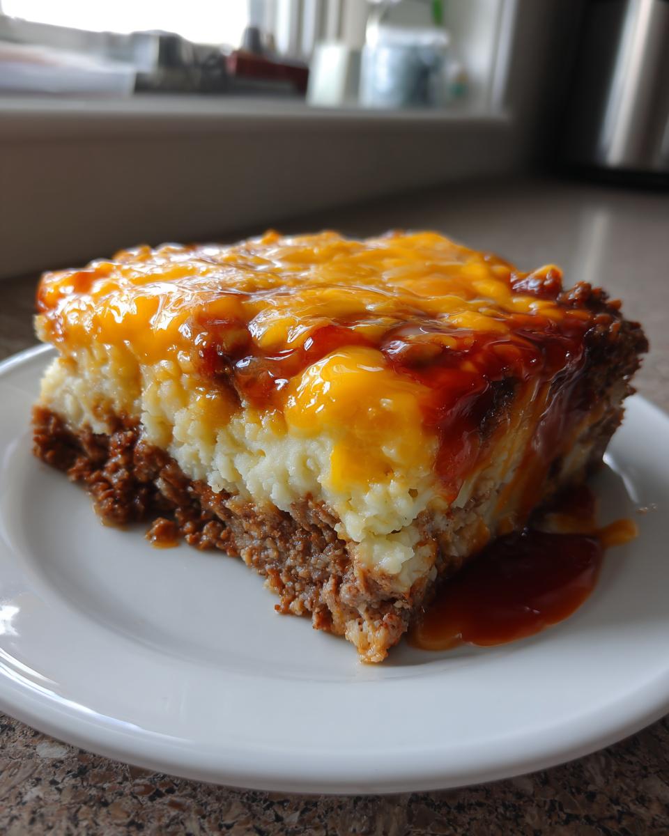 A close-up serving of meatloaf casserole featuring a layer of ground meat, mashed potatoes, and melted cheddar cheese sauce.