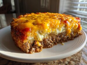 A thick slice of meatloaf casserole featuring a ground beef base topped with mashed potatoes and melted cheddar cheese.